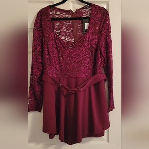 Fashion Nova Burgandy Lace Sequin Romper 1X